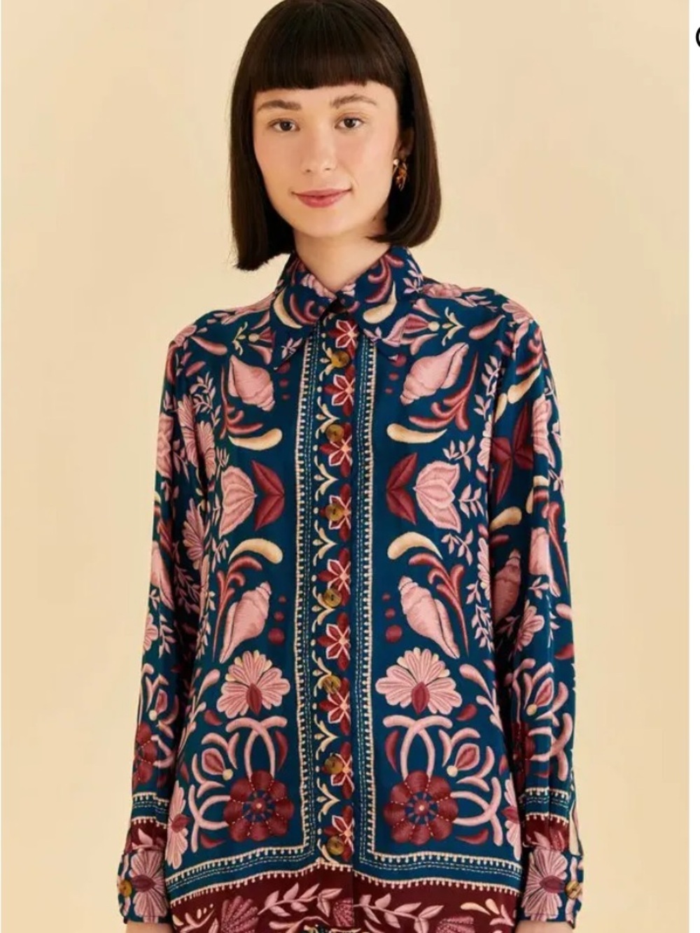 Farm Rio Teal Seashell Tapestry Shirt S Floral Shell Print Button Front Blouse